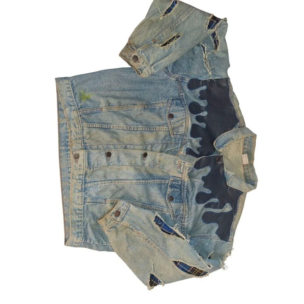 Custom Vintage Denim Jacket Trucker Size L Sauce Blue Plaid Drip Rizz Ripped‎